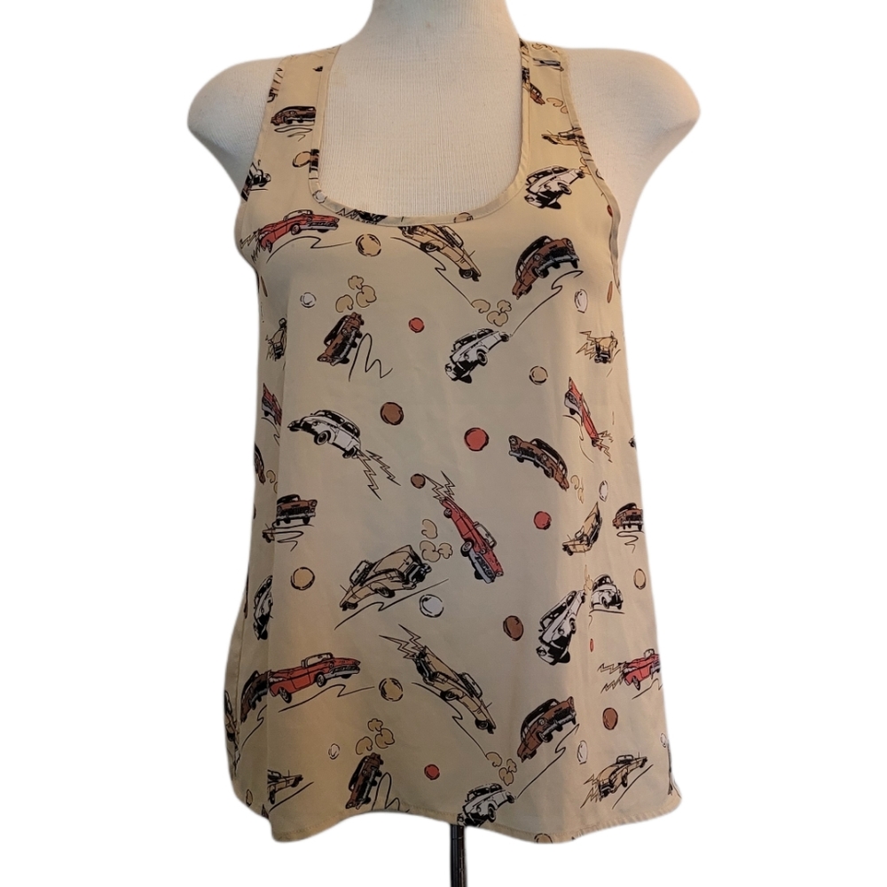 American Rag Vintage Beige Car Print Racer Back Tank Top S